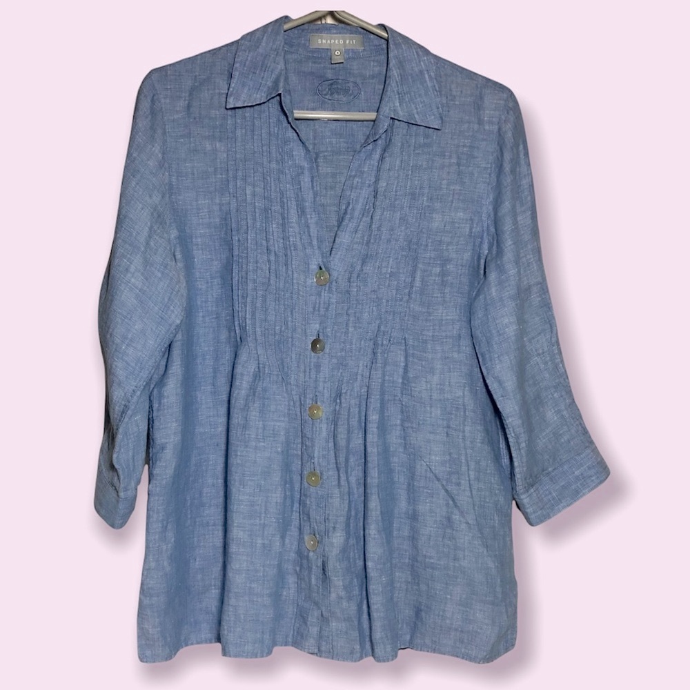 100%‎ Linen SHAPED FIT blue Women’s Top Blouse Sz 8